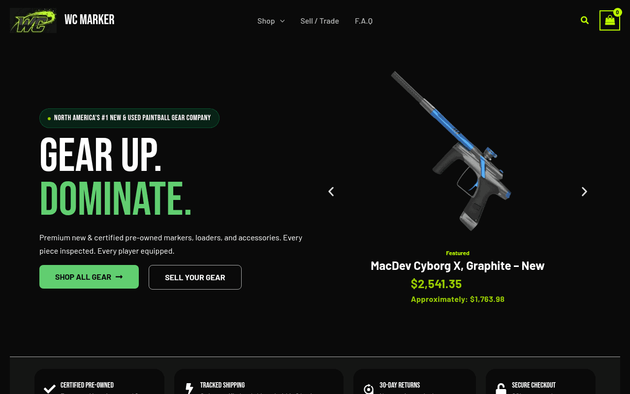 WC Marker homepage redesign — dark tactical design with lime accents and featured MacDev marker